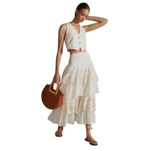 By Anthropologie Tiered Lace Prairie Boho Maxi Skirt